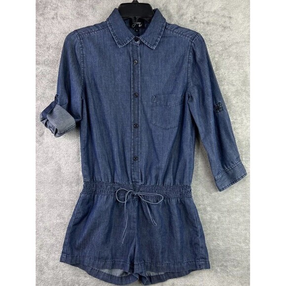 Spoon Jeans Size 5 Blue Jean Jumper Roll Tab Sleeves Romper Preppy‎ y2k - Picture 1 of 9